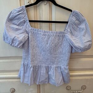 J. Crew Light Blue Gingham Puff Sleeve Blouse